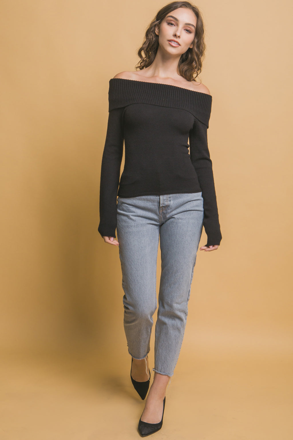 Long sleeve ribbed off the shoulder top