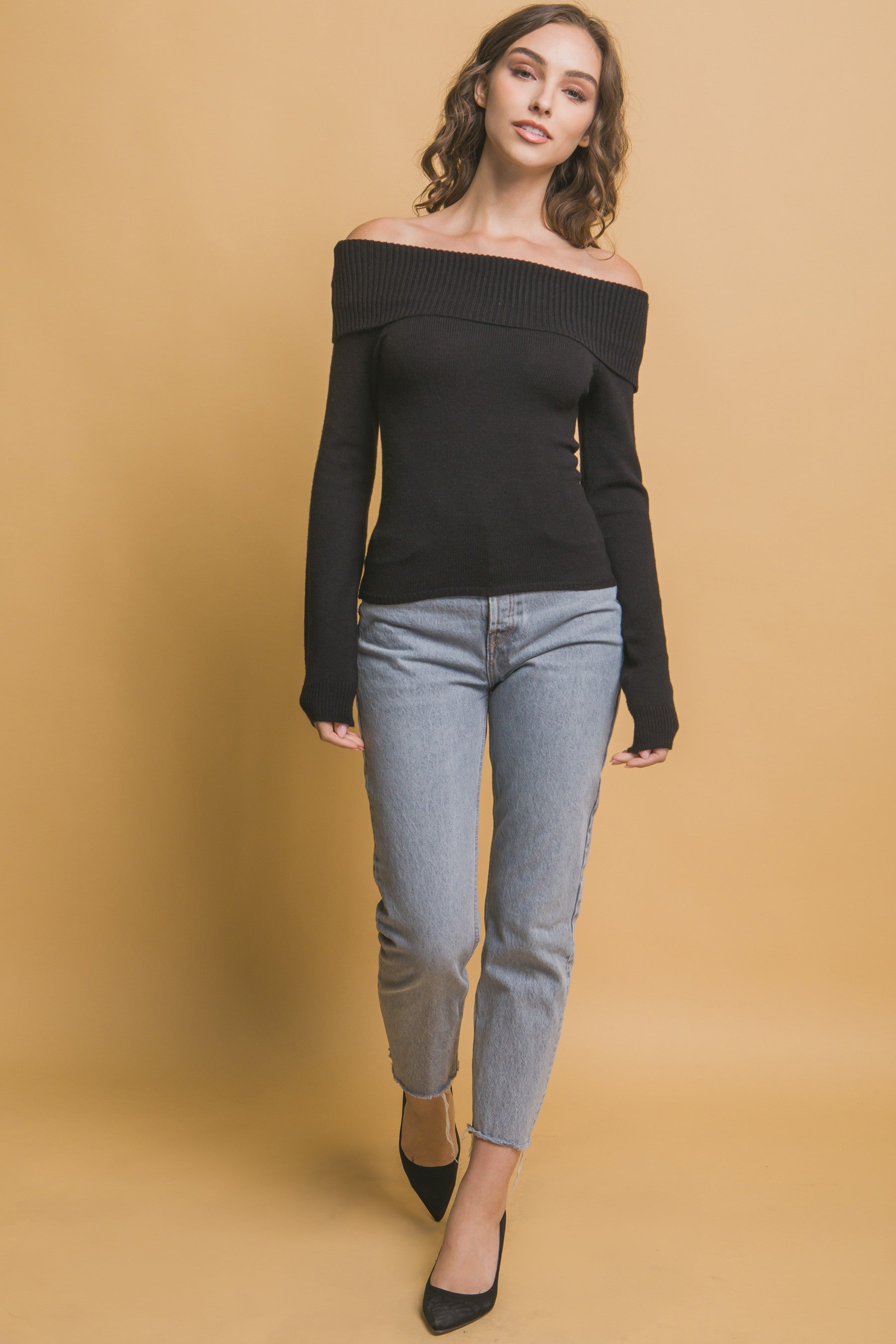 Long sleeve ribbed off the shoulder top
