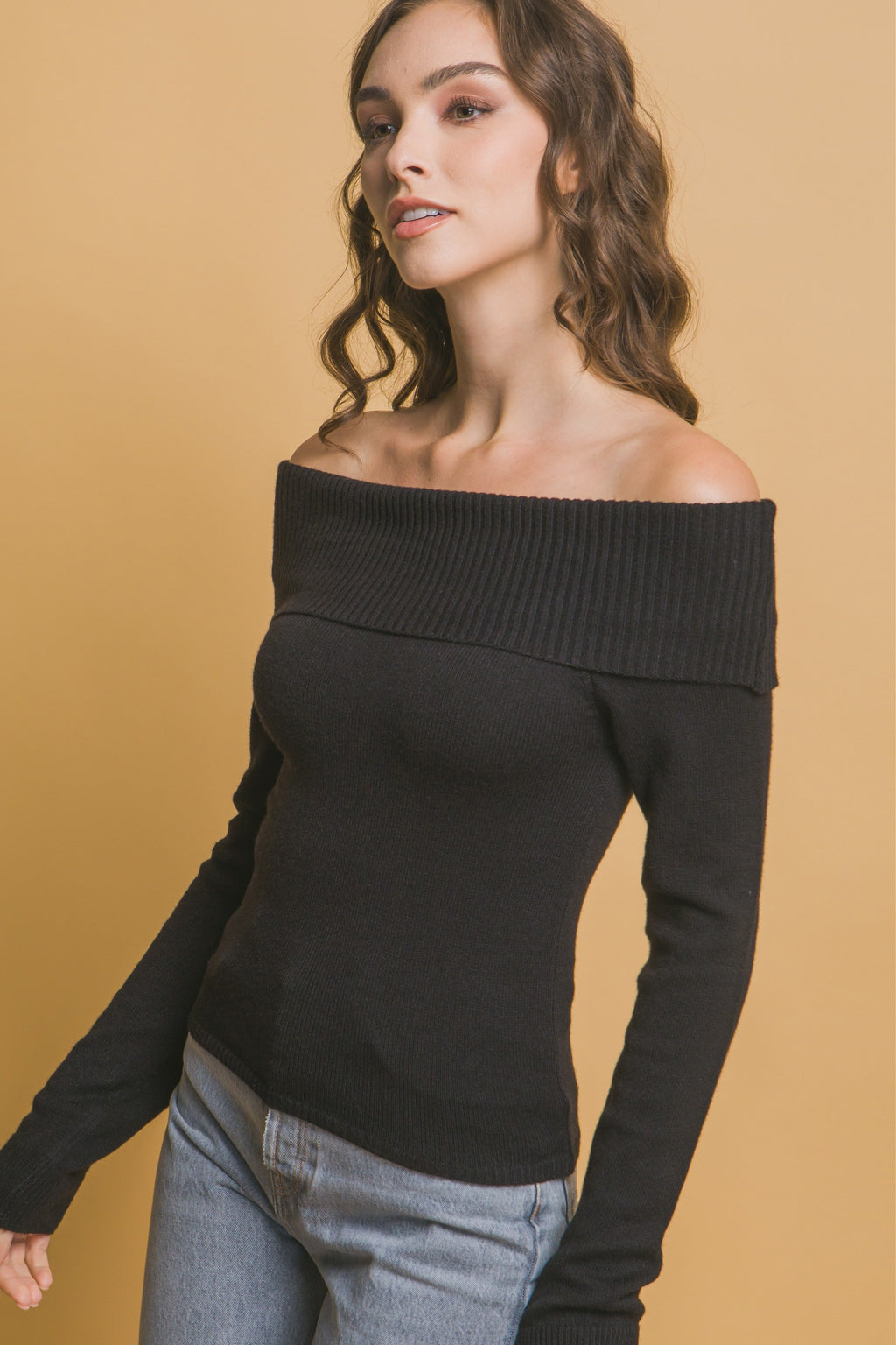 Long sleeve ribbed off the shoulder top