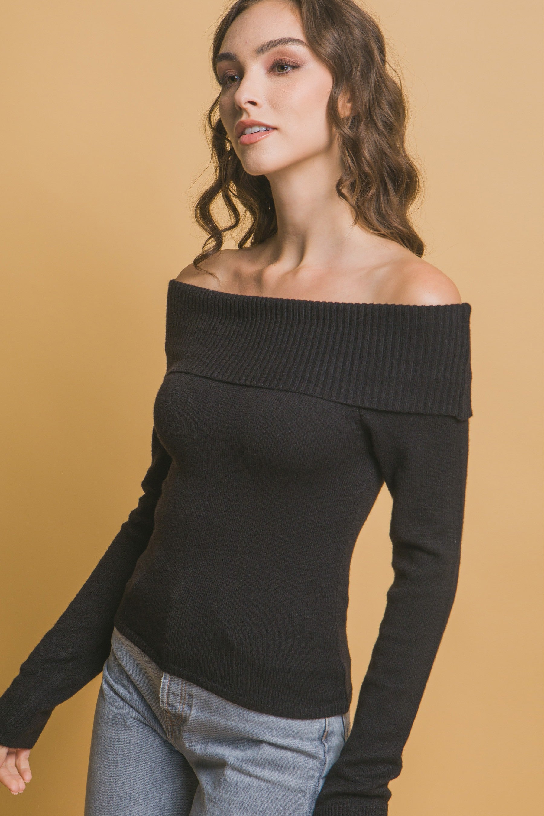 Long sleeve ribbed off the shoulder top