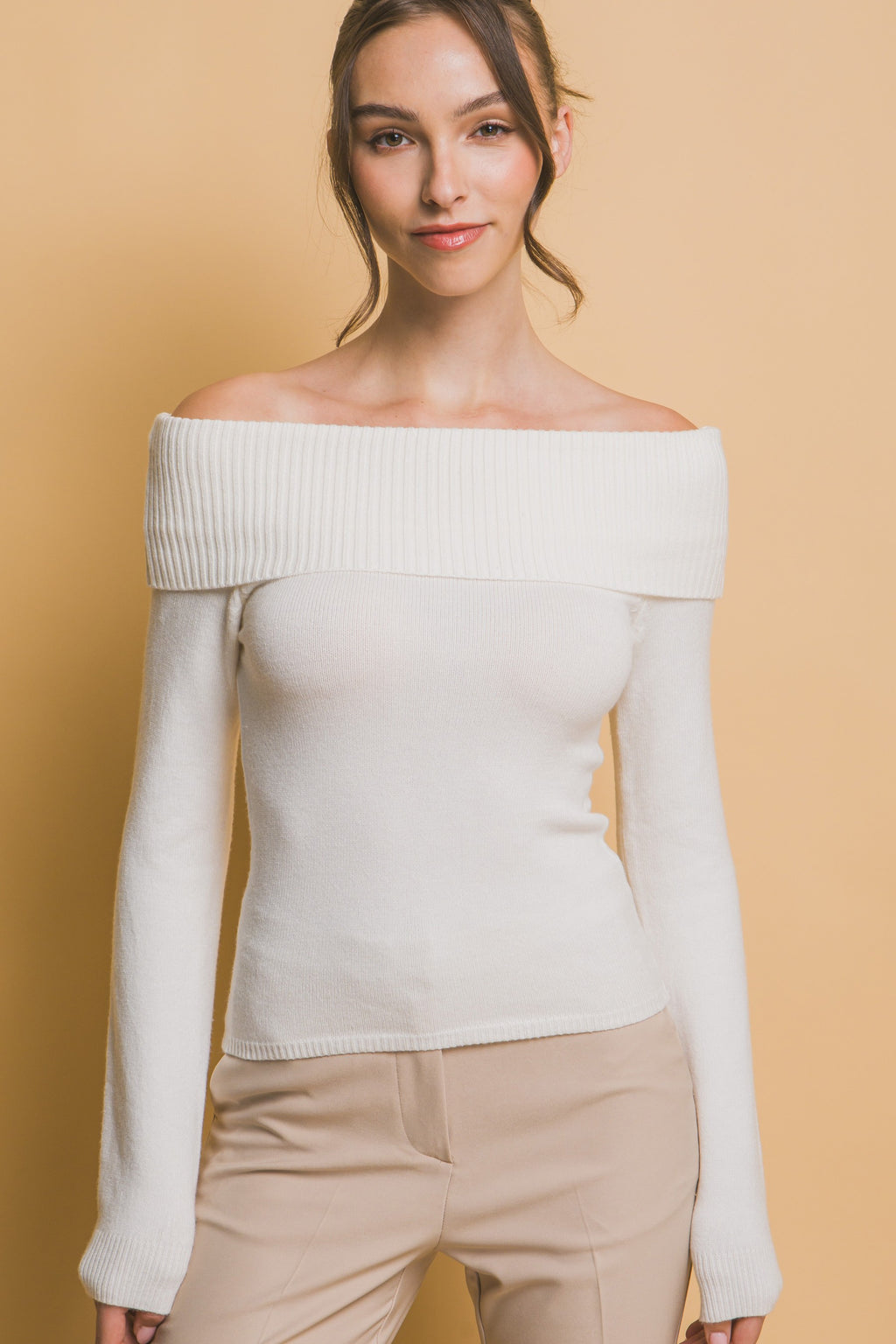 Long sleeve ribbed off the shoulder top